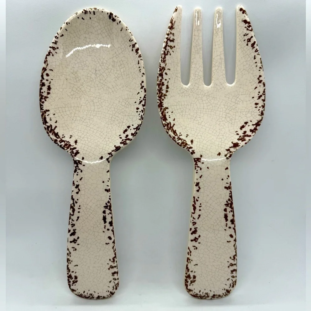 Tommy Bahama  Melamine Salad Serving Set Melamine Fork & Spoon Beige Crackle